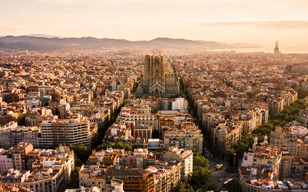 Birdseye view of Barcelona cityscape