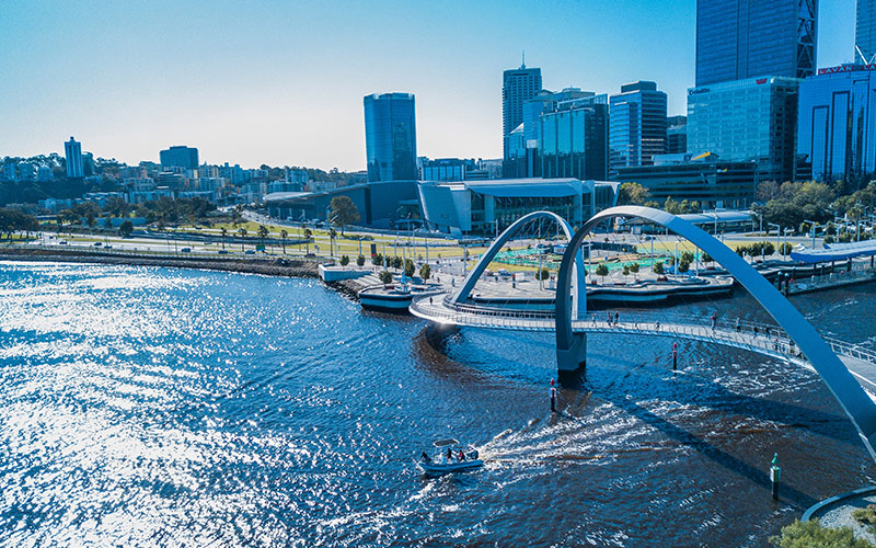 People walking over a bridge