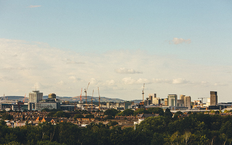 Buildings and cranes in Cardiff