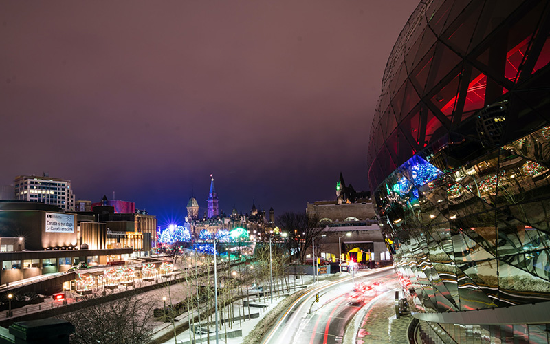 Ottawa at night with traffic trails